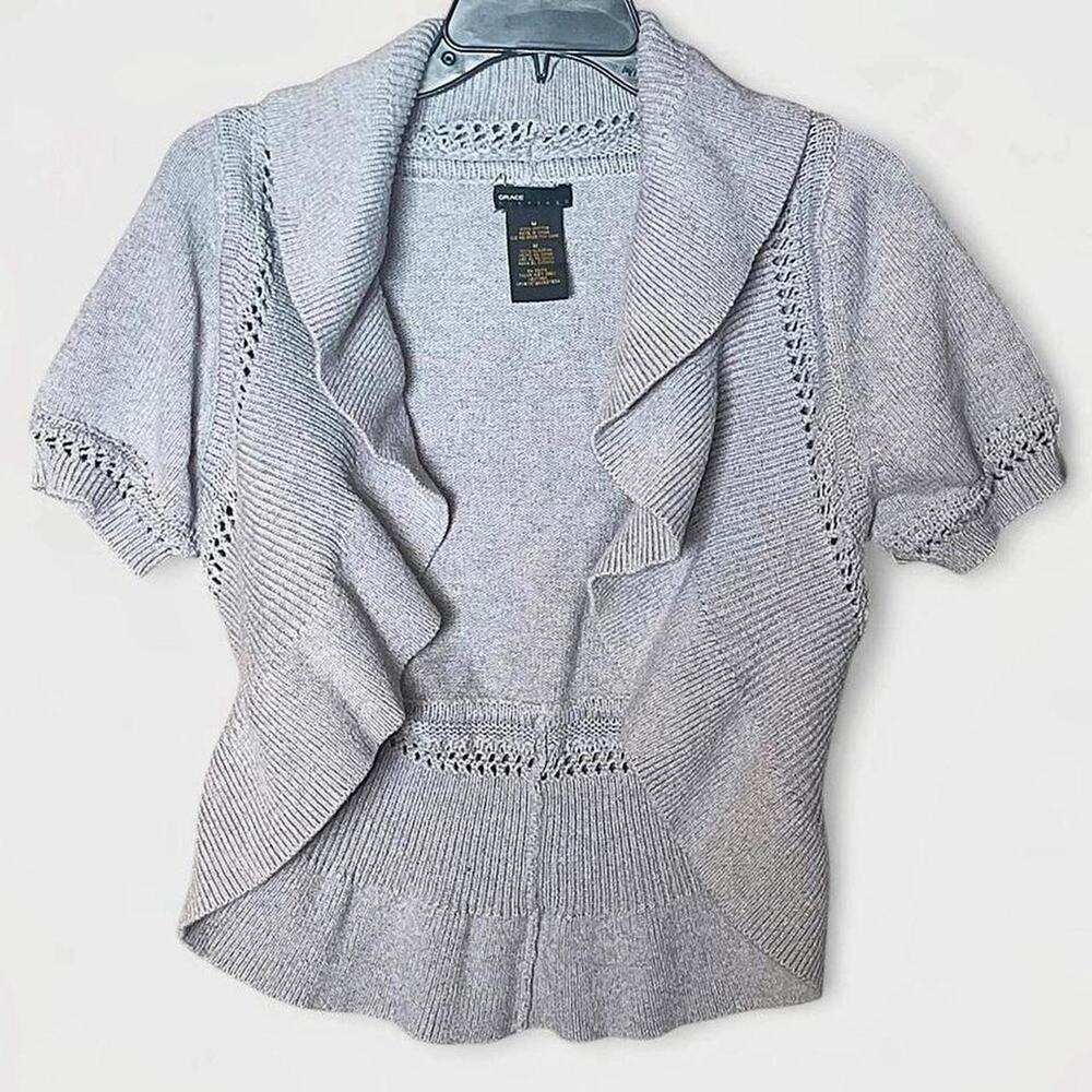 Grace Elements Mist Gray Short Cap Sleeve Cowl Neck Open Cardigan - Size M